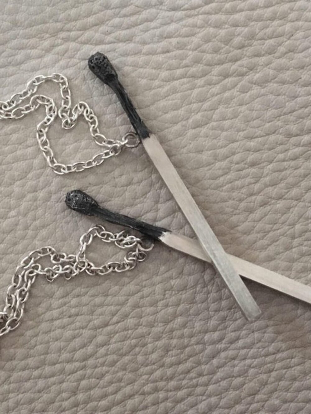 Vintage sterling silver cast real burnt matchstick necklace pendant 925